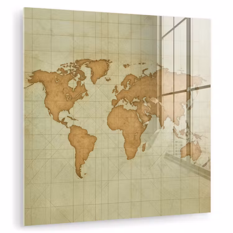 Wereldkaart - Kompasraster -Ruw plexiglas 5mm klein -zzzproduct_nieuw
