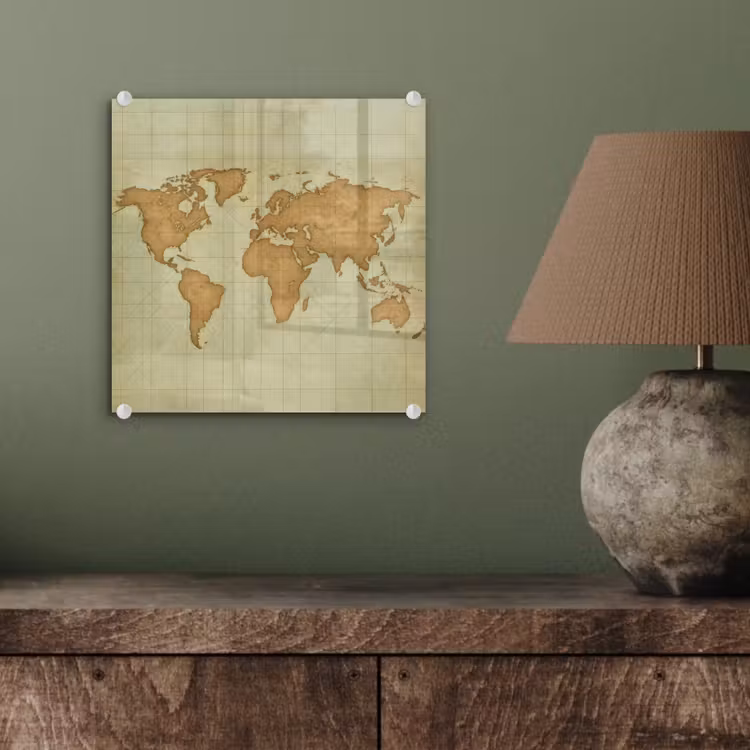 Wereldkaart - Kompasraster -Ruw plexiglas 5mm klein -sfeer3