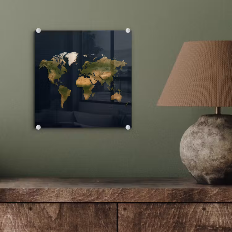 Wereldkaart - Contrast - Minimalistisch - Blauw plexiglas 5mm klein -sfeer3