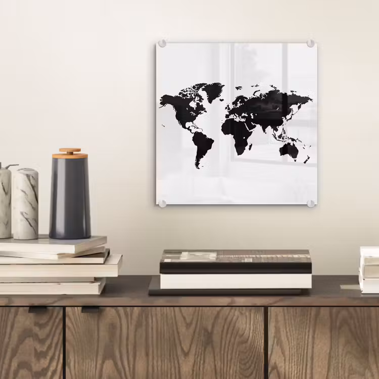 Wereldkaart - Contrast - Zwart - Wit plexiglas 5mm klein -sfeer1