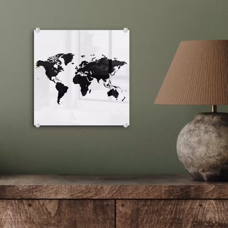 Wereldkaart - Contrast - Zwart - Wit plexiglas 5mm klein -sfeer3