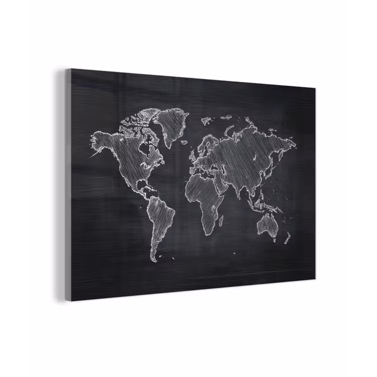 Wereldkaart - Krijt - Zwart - minimalistisch plexiglas 5mm klein -zzzproduct_nieuw