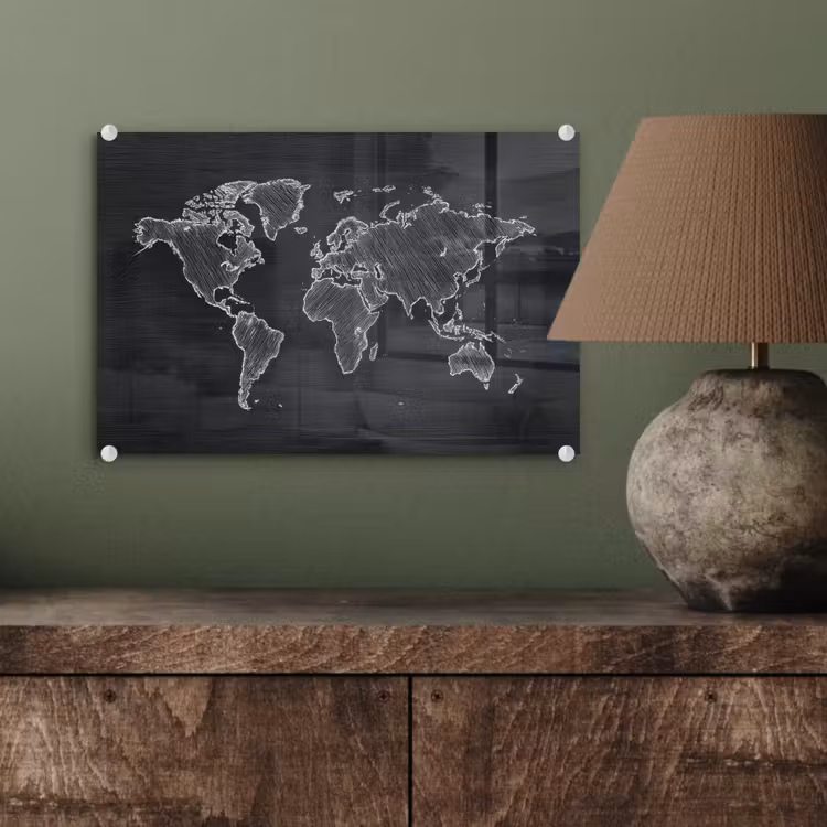 Wereldkaart - Krijt - Zwart - minimalistisch plexiglas 5mm klein -wsfeer2_DE