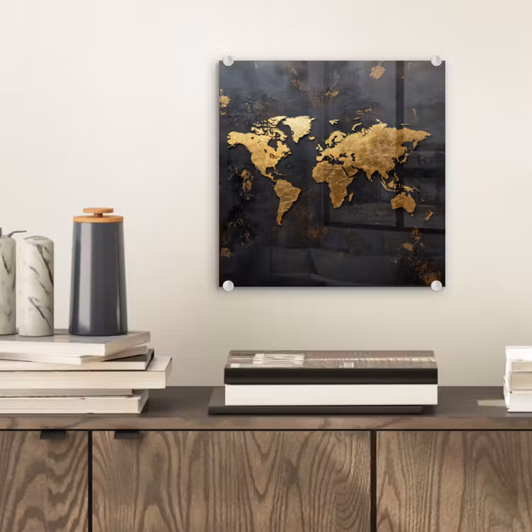 Wereldkaart - Artistiek - Zwart plexiglas 5mm klein -sfeer1