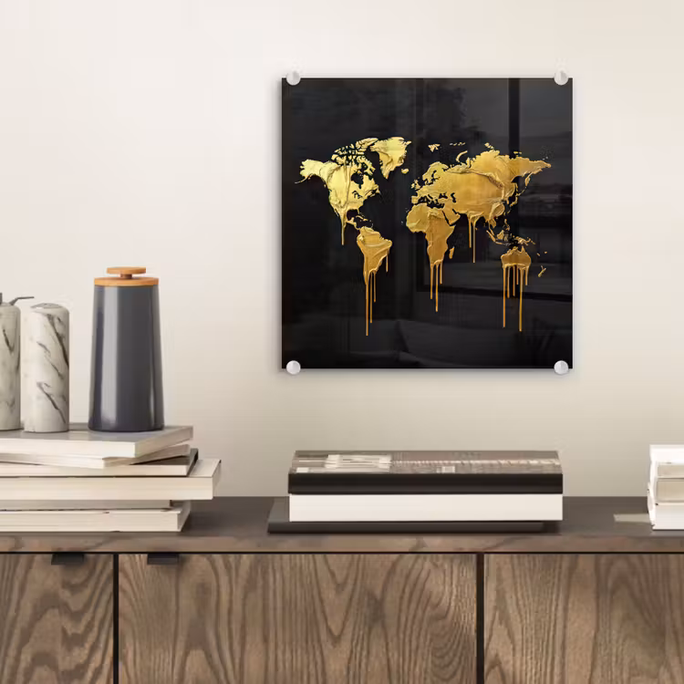 Wereldkaart - Lange druppels - Contrast plexiglas 5mm klein -sfeer1