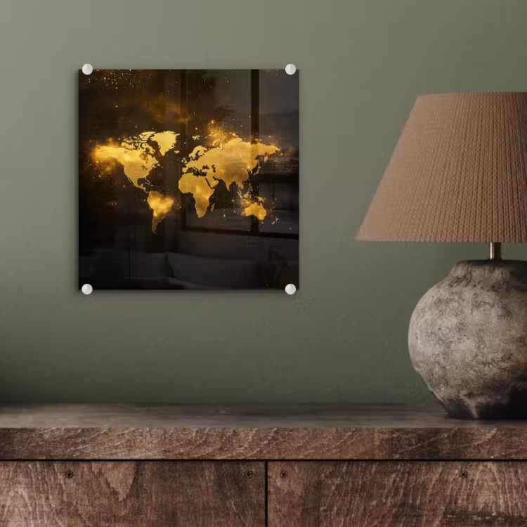 Wereldkaart - Magisch effect - Gouden deeltjes plexiglas 5mm klein -sfeer3