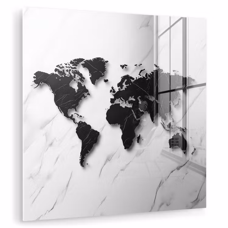 Wereldkaart - Marmer - Wit - Zwart plexiglas 5mm klein -zzzproduct_nieuw