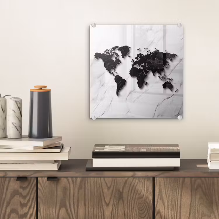 Wereldkaart - Marmer - Wit - Zwart plexiglas 5mm klein -sfeer1