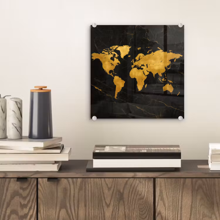 Wereldkaart - Marmerstructuur - Elegant - Zwart plexiglas 5mm klein -sfeer1