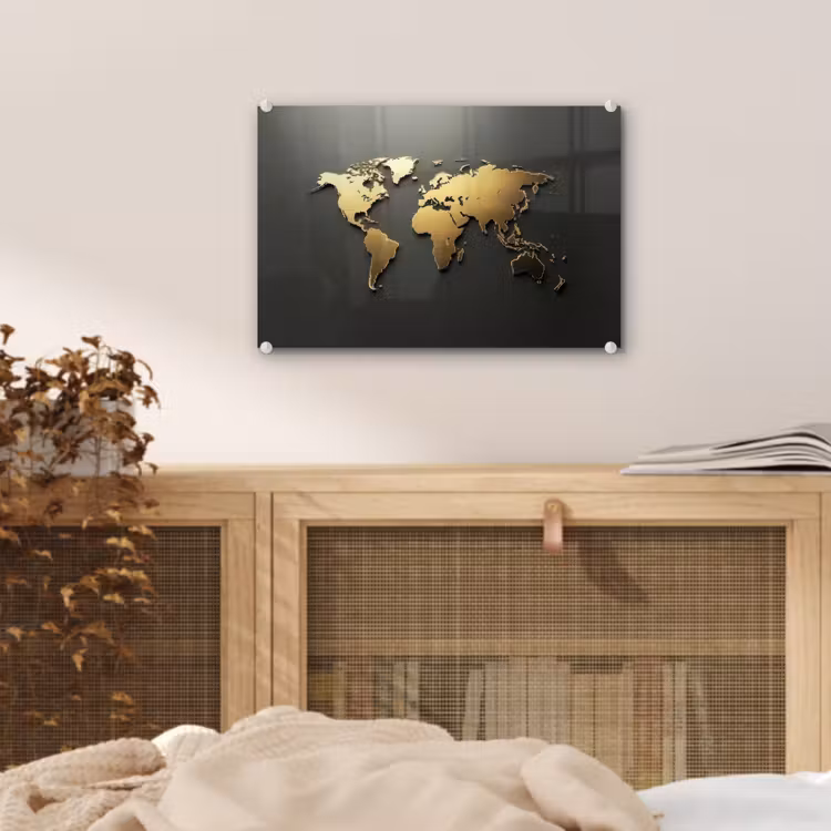Wereldkaart - Minimalistisch - Gouden afwerking plexiglas 5mm klein -sfeer3