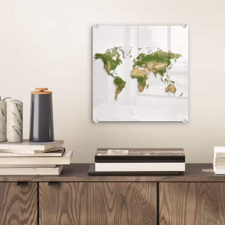 Wereldkaart - Natuurlijke kleuren - reliëfstijl plexiglas 5mm klein -sfeer1