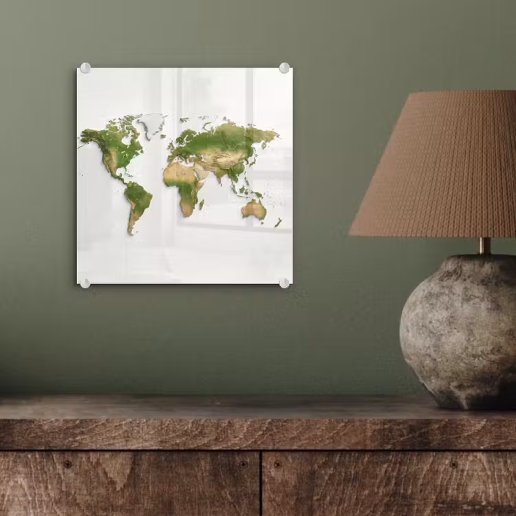 Wereldkaart - Natuurlijke kleuren - reliëfstijl plexiglas 5mm klein -sfeer3