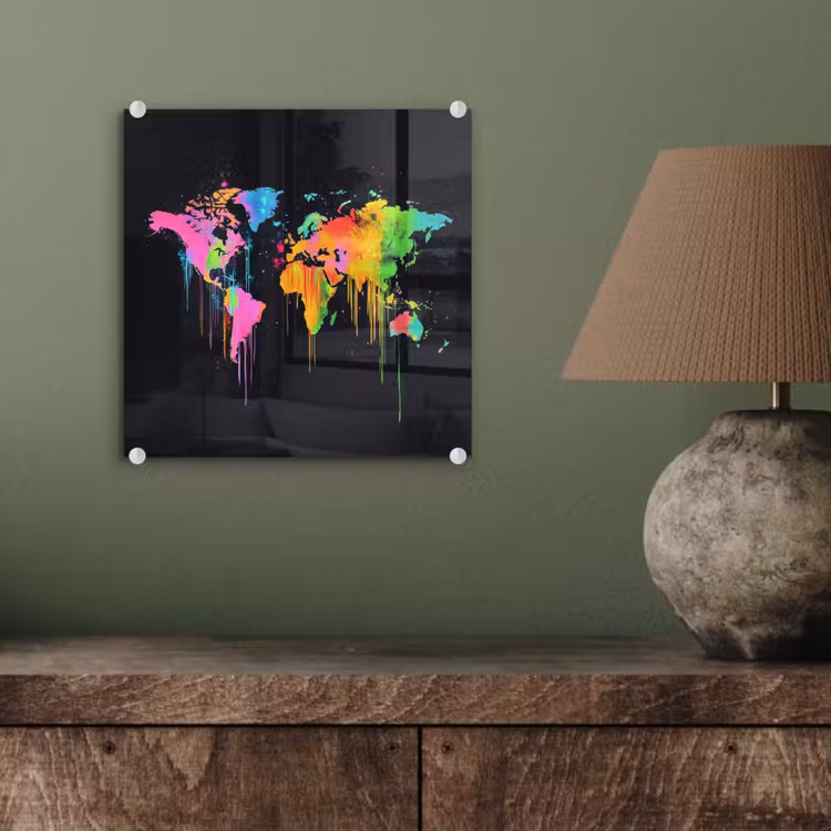 Wereldkaart - Neon - Kleurrijk - Spatten plexiglas 5mm klein -sfeer3