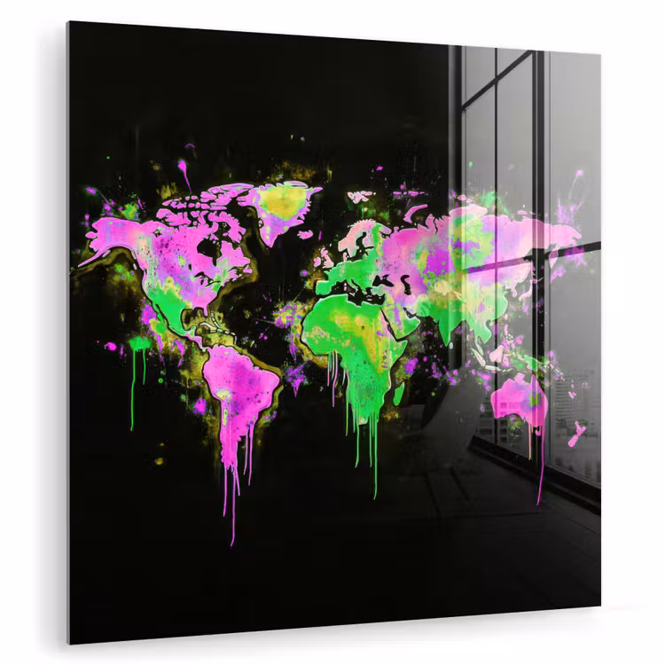Wereldkaart - Neon - Groen - Roze plexiglas 5mm klein -zzzproduct_nieuw