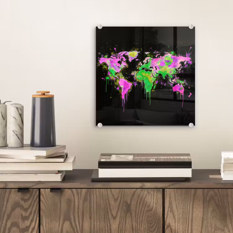 Wereldkaart - Neon - Groen - Roze plexiglas 5mm klein -sfeer1