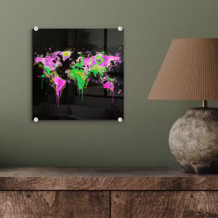 Wereldkaart - Neon - Groen - Roze plexiglas 5mm klein -sfeer3