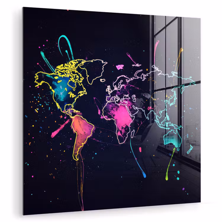 Wereldkaart - Neon - Lijnen - Verspatten plexiglas 5mm klein -zzzproduct_nieuw