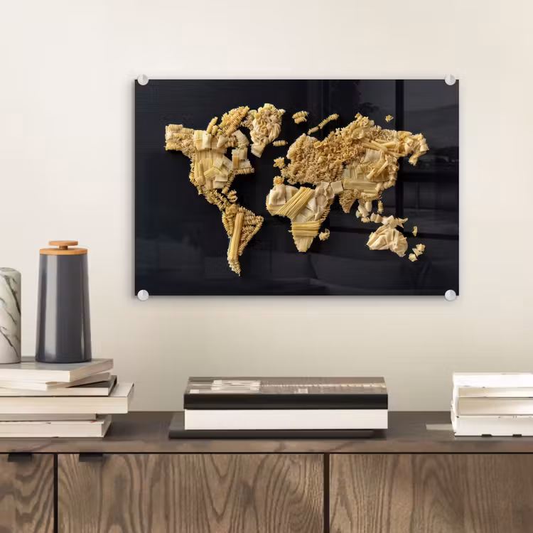 Wereldkaart - Pasta - Zwart plexiglas 5mm klein -sfeer1