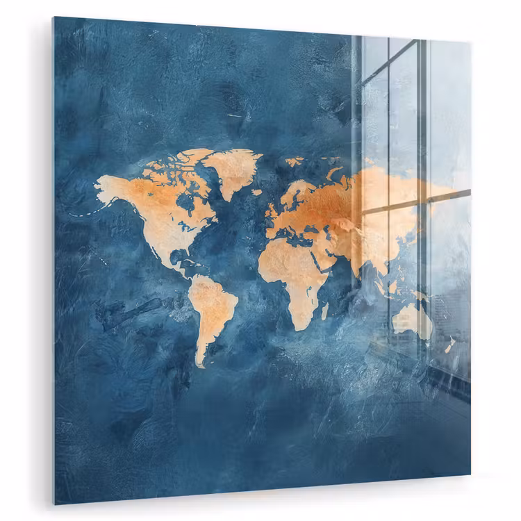 Wereldkaart - Olieverfschilderij - Blauw - Oranje plexiglas 5mm klein -zzzproduct_nieuw