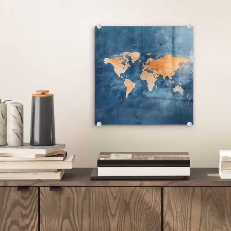 Wereldkaart - Olieverfschilderij - Blauw - Oranje plexiglas 5mm klein -sfeer1