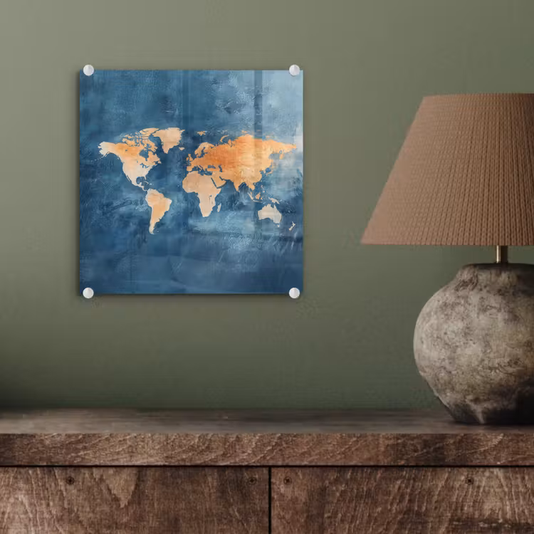 Wereldkaart - Olieverfschilderij - Blauw - Oranje plexiglas 5mm klein -sfeer3