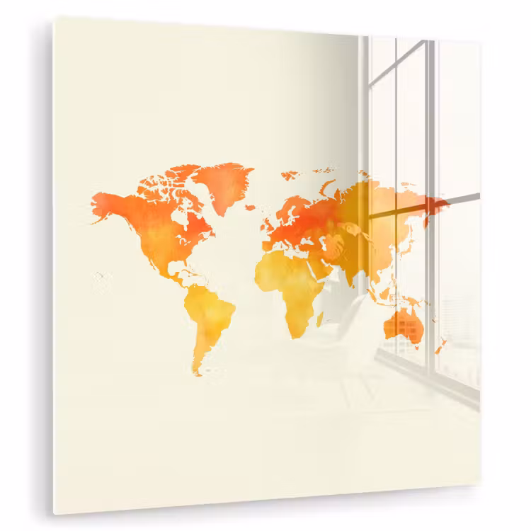 Wereldkaart - Oranje - Kleurrijk plexiglas 5mm klein -zzzproduct_nieuw