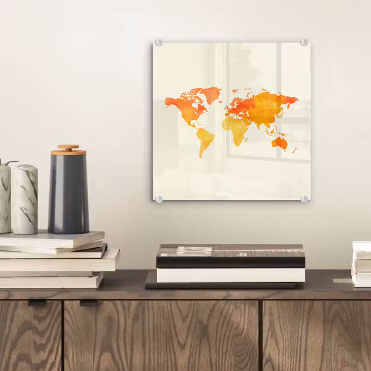 Wereldkaart - Oranje - Kleurrijk plexiglas 5mm klein -sfeer1