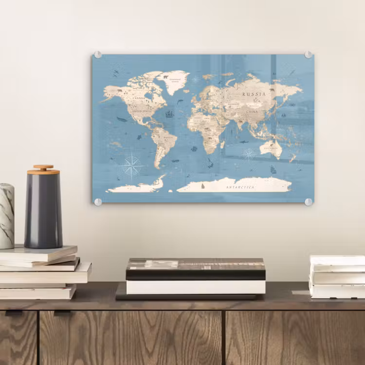 Wereldkaart - Oceaan - Realistisch - Blauw plexiglas 5mm klein -sfeer1