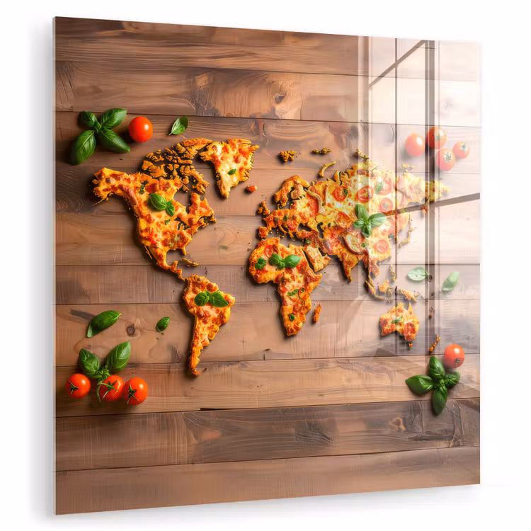 Wereldkaart - Pizza - Houten ondergrond plexiglas 5mm klein -zzzproduct_nieuw