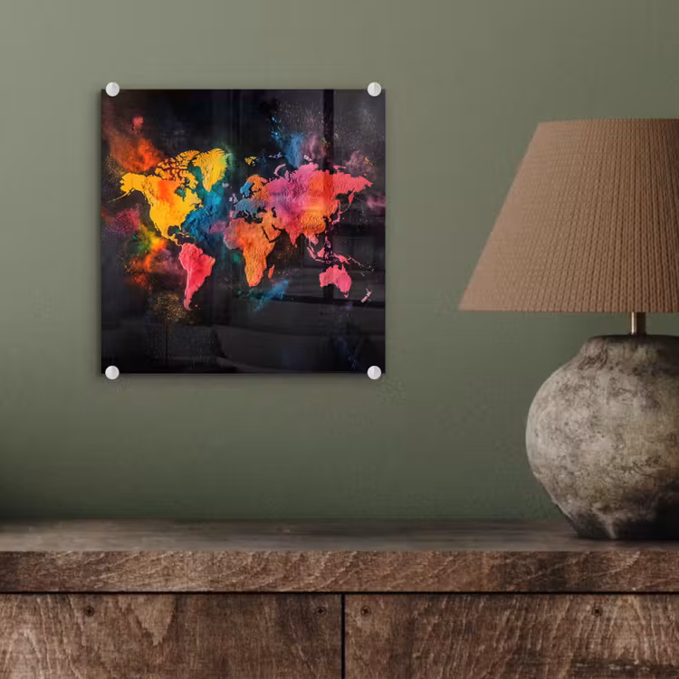 Wereldkaart - Poeder - Kleuren plexiglas 5mm klein -sfeer3