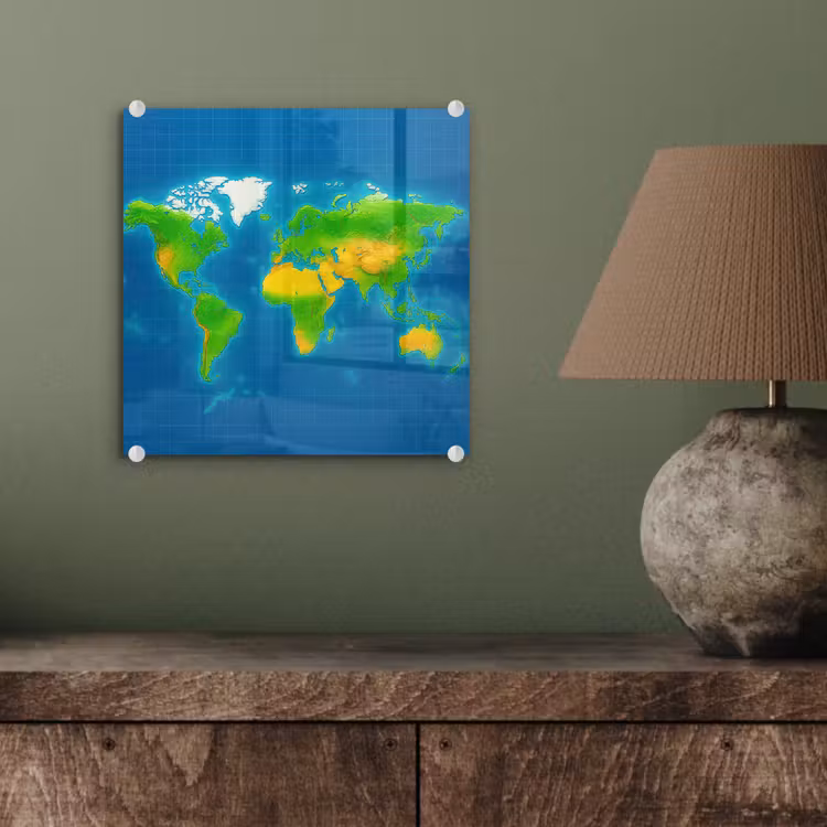 Wereldkaart - Raster - Helder kleurenpalet plexiglas 5mm klein -sfeer3