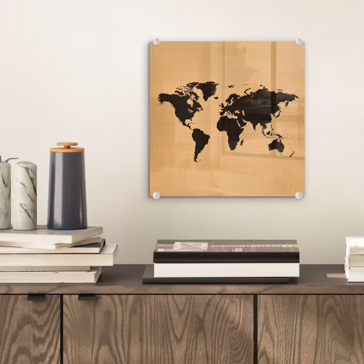 Wereldkaart - Raster -Zwart plexiglas 5mm klein -sfeer1