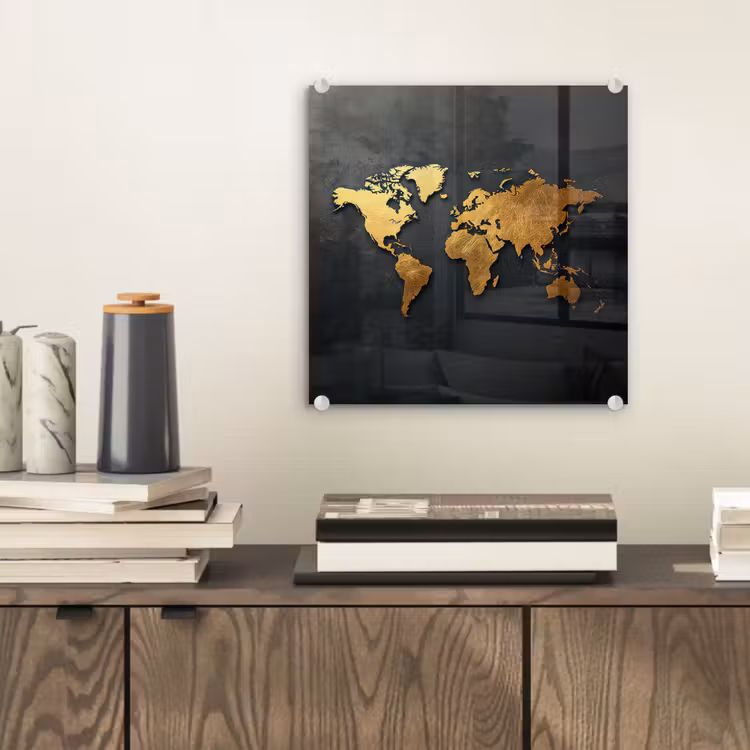 Wereldkaart - Ruwe textuur - Scherpe contouren - Zwart plexiglas 5mm klein -sfeer1