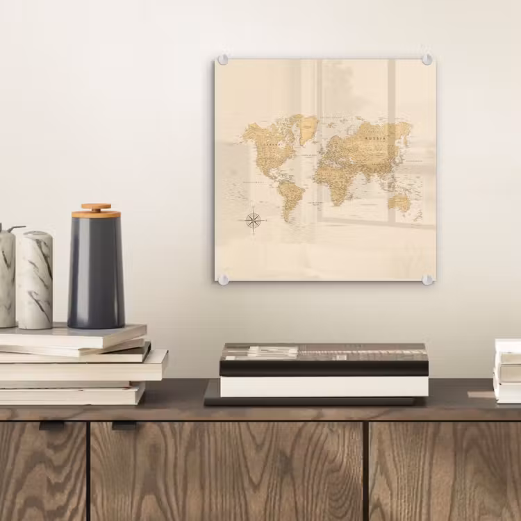 Wereldkaart - Realistisch - Beige plexiglas 5mm klein -sfeer1