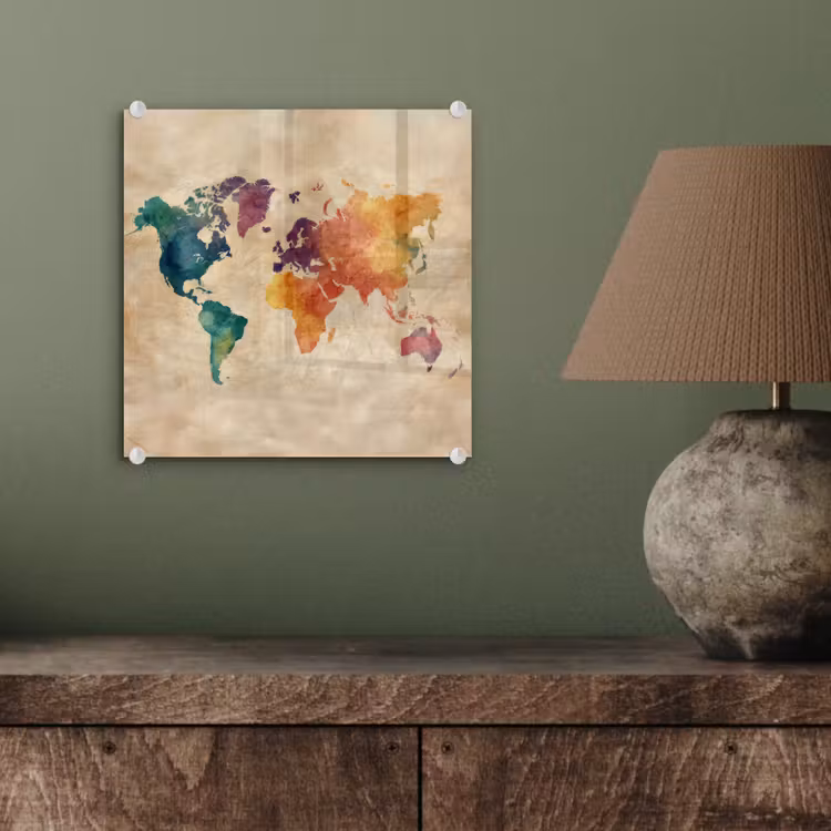 Wereldkaart - Regenboog aquarel - Papierstructuur plexiglas 5mm klein -sfeer3