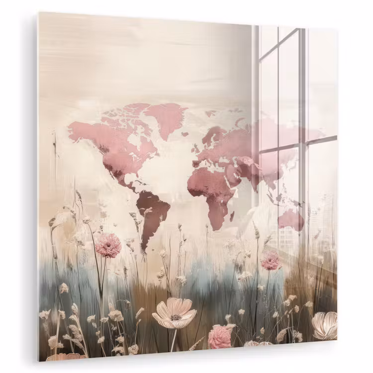 Wereldkaart - Roze - Bloemen plexiglas 5mm klein -zzzproduct_nieuw