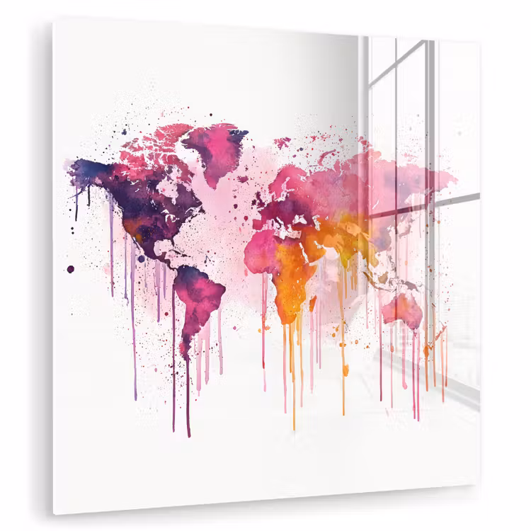 Wereldkaart - Roze - Druppels - Verf plexiglas 5mm klein -zzzproduct_nieuw