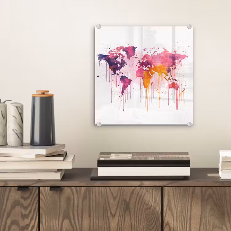 Wereldkaart - Roze - Druppels - Verf plexiglas 5mm klein -sfeer1