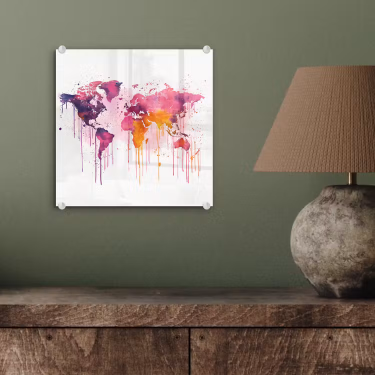 Wereldkaart - Roze - Druppels - Verf plexiglas 5mm klein -sfeer3