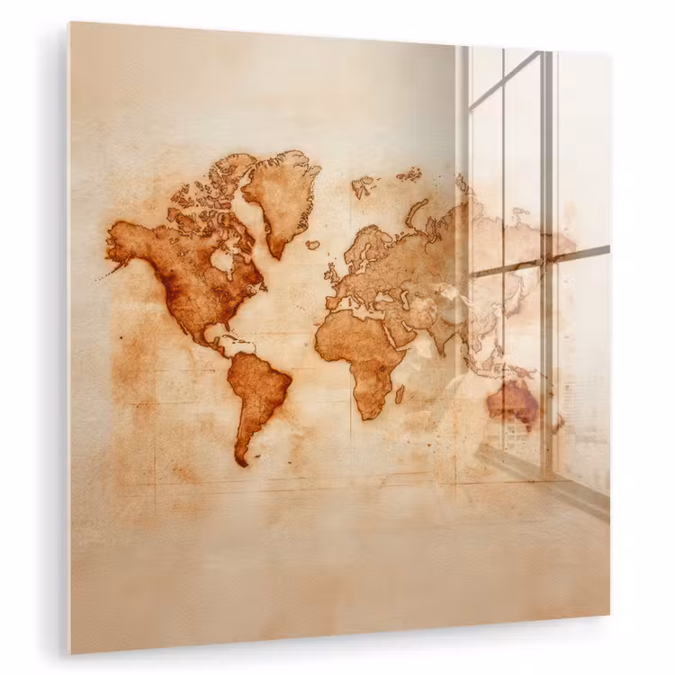 Wereldkaart - Roestbruine inkt plexiglas 5mm klein -zzzproduct_nieuw