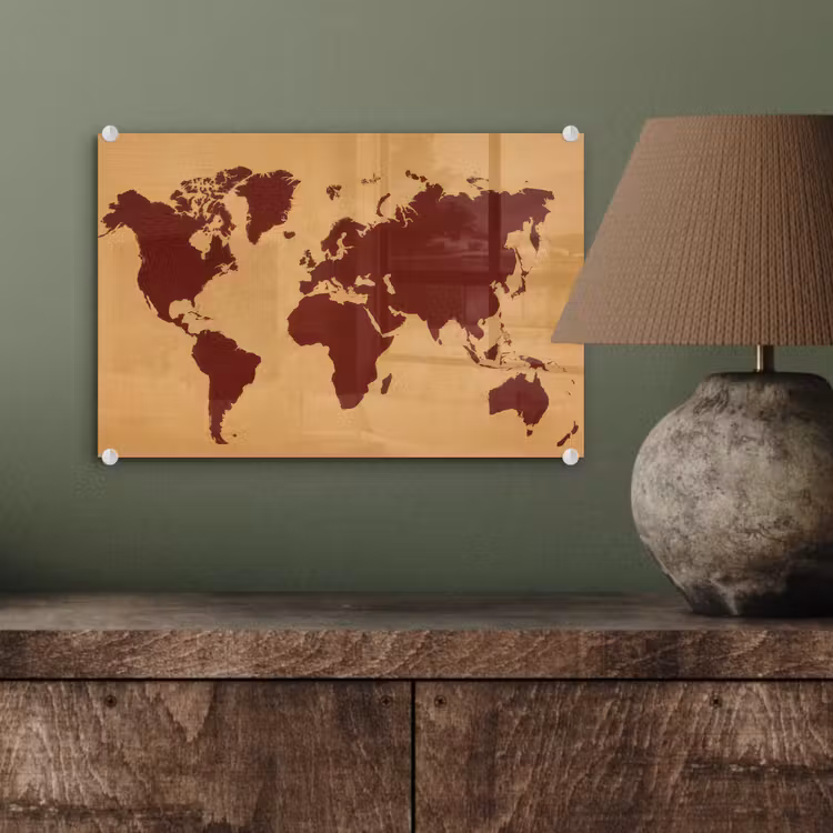 Wereldkaart - Roodbruin silhouet - Sterk kleurcontrast plexiglas 5mm klein -wsfeer2_DE