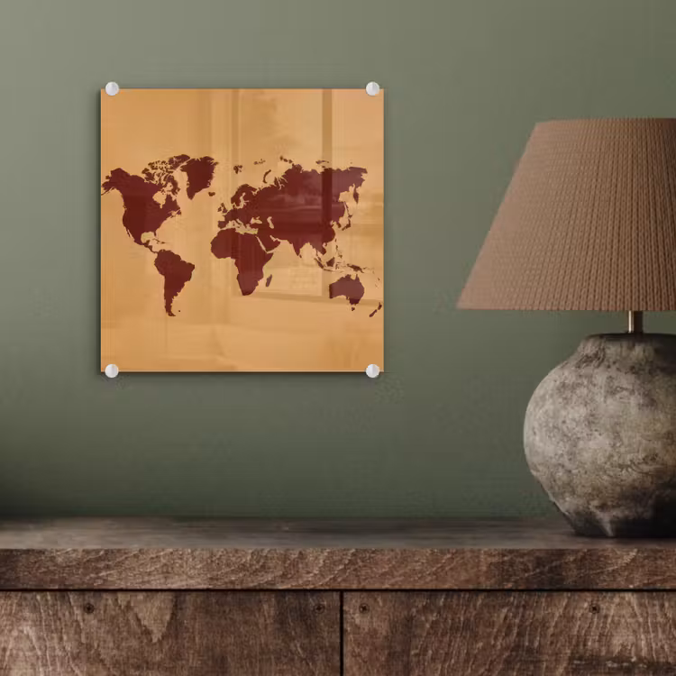 Wereldkaart - Roodbruin silhouet - Sterk kleurcontrast plexiglas 5mm klein -sfeer3