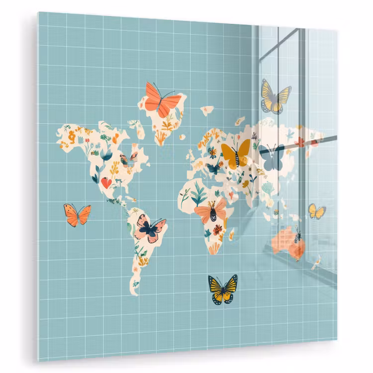 Wereldkaart - Vlinders - Dromerig plexiglas 5mm klein -zzzproduct_nieuw