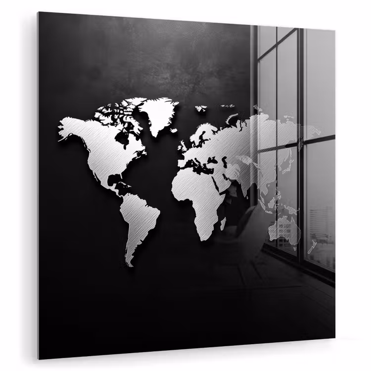 Wereldkaart - Zwart - Zilver - Metaal plexiglas 5mm klein -zzzproduct_nieuw