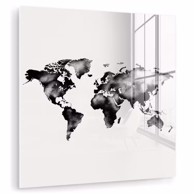 Wereldkaart - Zwart - Inktwassing plexiglas 5mm klein -zzzproduct_nieuw