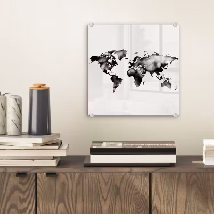 Wereldkaart - Zwart - Inktwassing plexiglas 5mm klein -sfeer1