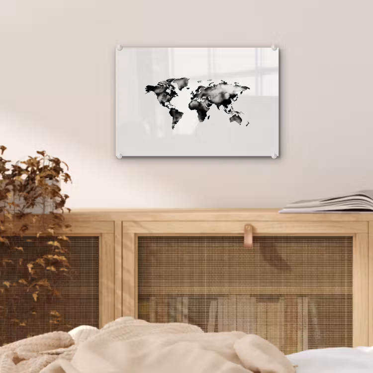 Wereldkaart - Zwart - Inktwassing plexiglas 5mm klein -sfeer3