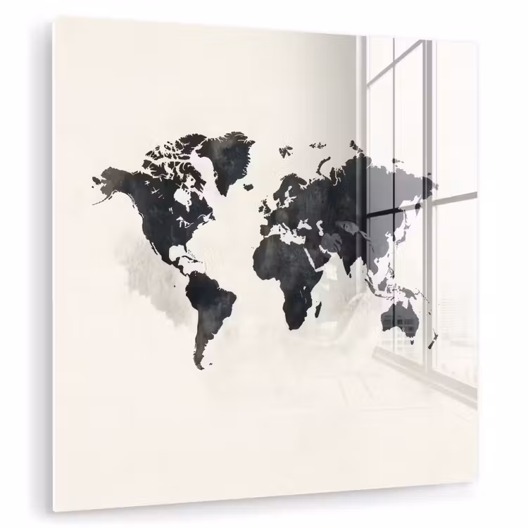 Wereldkaart - Zwart - Wit - Verf plexiglas 5mm klein -zzzproduct_nieuw