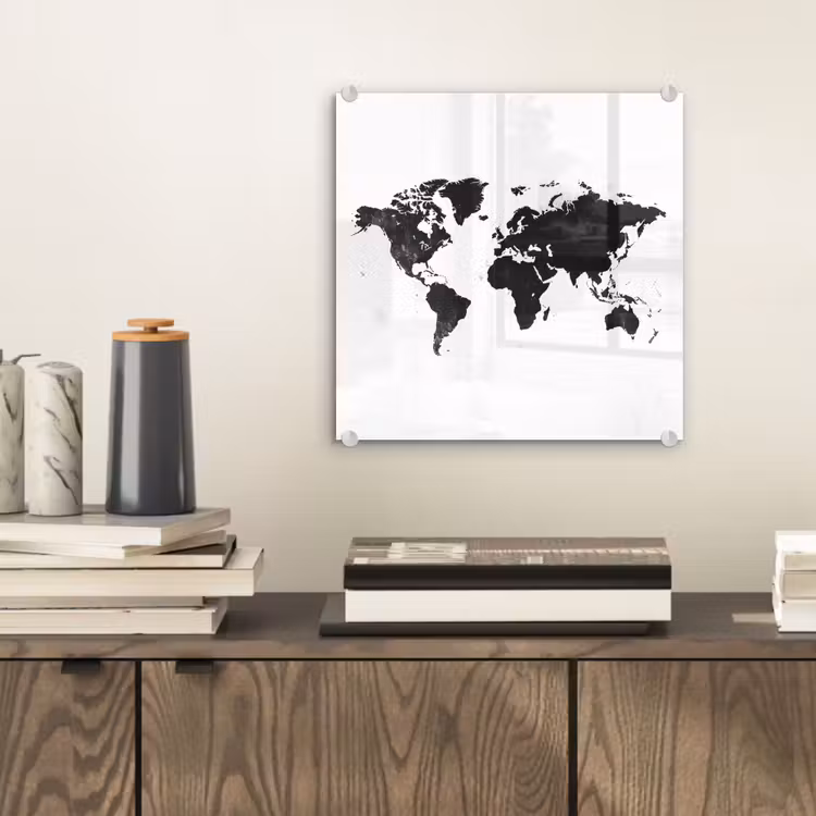 Wereldkaart - Zwart - Wit - Strak plexiglas 5mm klein -sfeer1