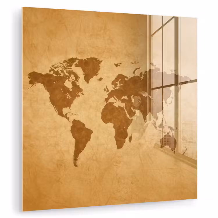 Wereldkaart - sepia silhouet plexiglas 5mm klein -zzzproduct_nieuw